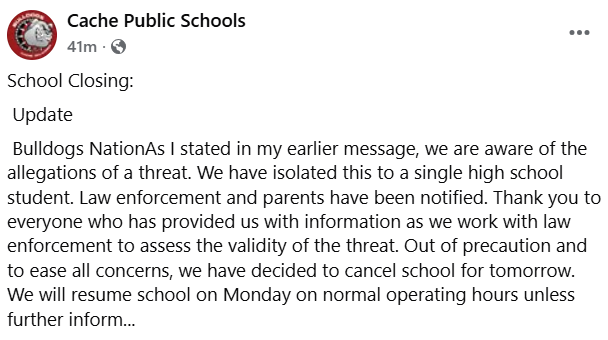Cache schools canceled Friday due to threat