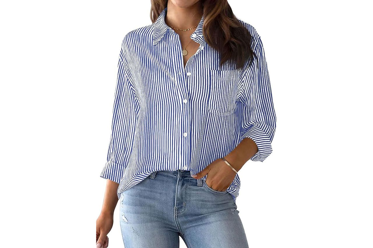 Amazon AISEW Womens Button Down Shirts Striped Classic Long Sleeve