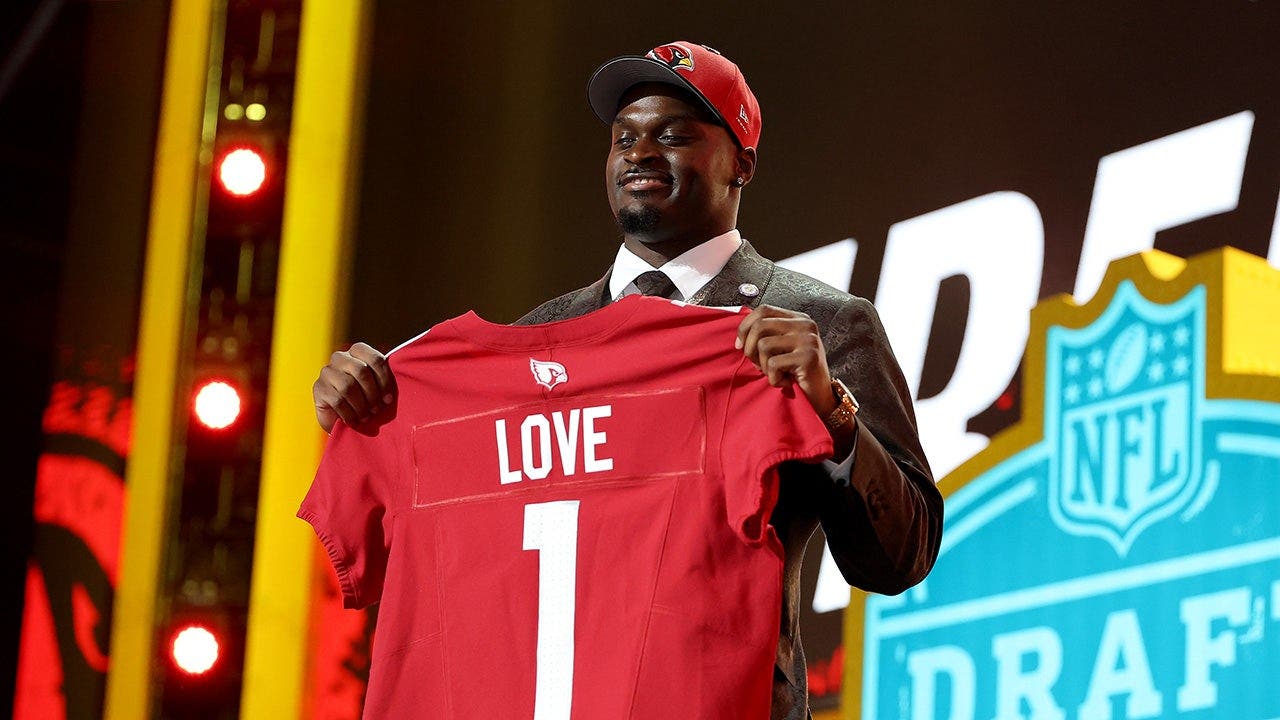 Jeremiyah Love of Notre Dame celebrates after being selected as the third overall pick by the Arizona Cardinals during the first round of the 2026 NFL Draft at Acrisure Stadium in Pittsburgh, Pa., on April 23, 2026.