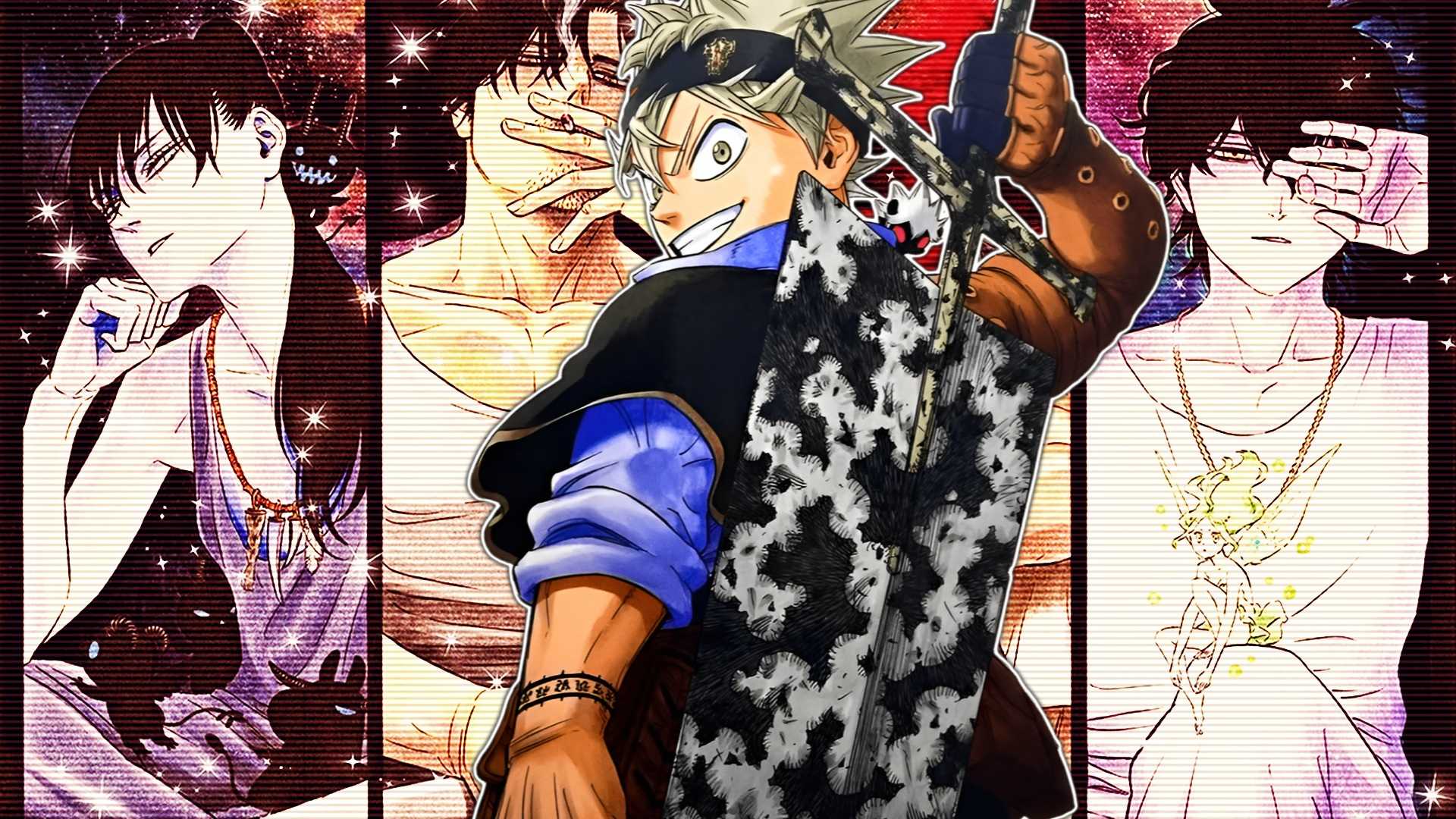 Asta from Black Clover in front of an illustration featuring Nacht, Yami and Yuno