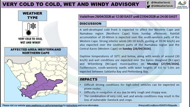 Cold front brings rain and icy temperatures to South Africa this weekend
