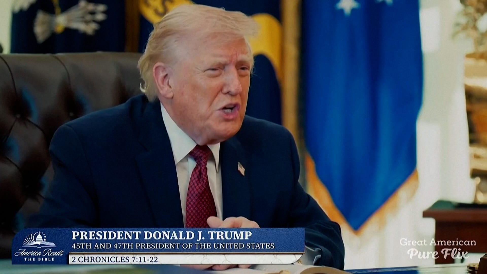 President Donald Trump reads a passage from the Bible in the Oval Office in a national broadcast on April 21, 2026. It was part of a weeklong event called America Reads the Bible.
