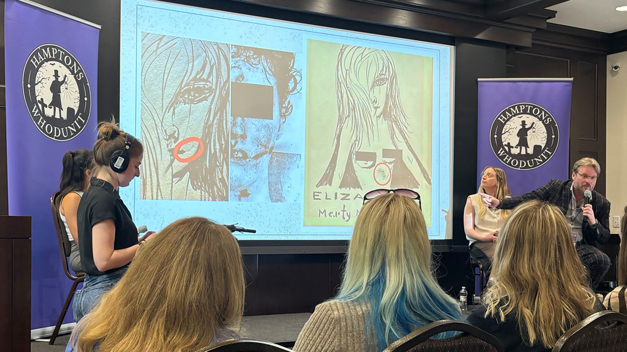 Alex Baber, far right, explains his findings in the Black Dahlia and Zodiac murders at the Hamptons Whodunit event in East Hampton, New York, on Friday, April 17, 2026. Baber said he believes the cases are linked.