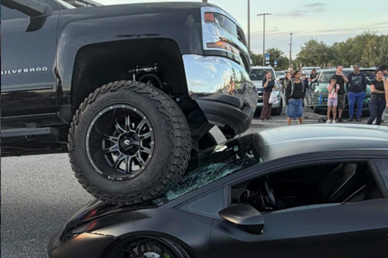 Woman in huge pickup truck accidentally runs over £250k Lamborghini