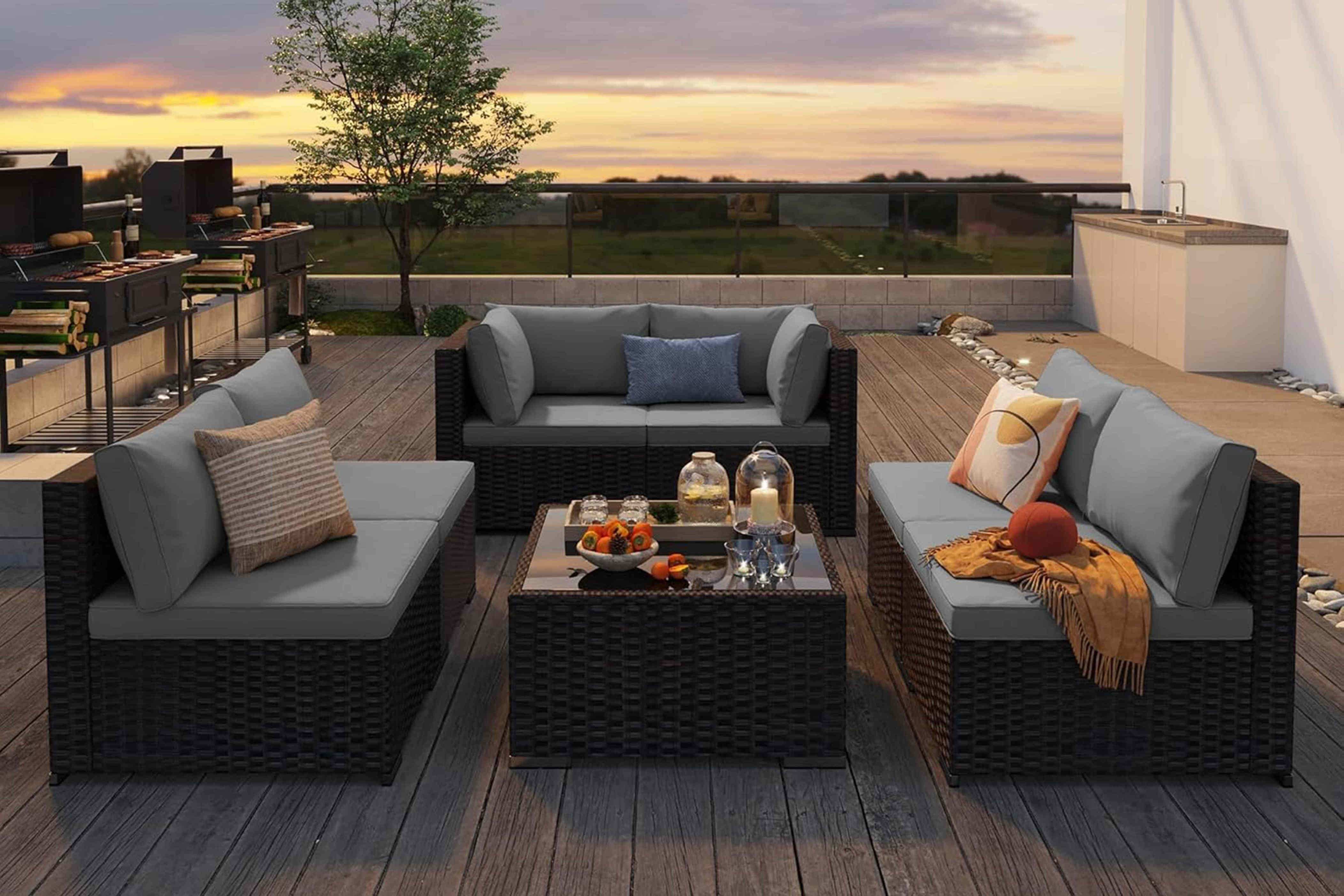5-Piece Patio Dining Set for 4 | Outdoor Wicker Furniture Set with Swivel Rocker Chairs, Steel Table Top & Cushions | Backyard, Garden, Deck & Poolside