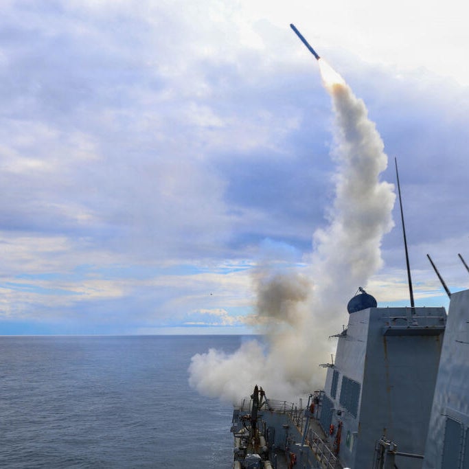 This image provided by U.S. Central Command shows the Arleigh Burke-class guided-missile destroyer USS Thomas Hudner firing a Tomahawk Land Attack Missile in support of Operation Epic Fury, on March 1, 2026.