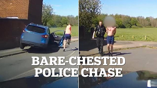 Bare-chested driver leaps from car then tries to flee cops