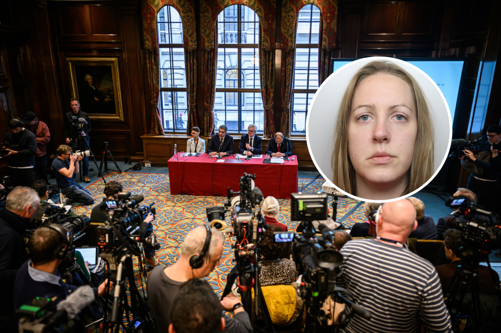 From left: Professor Neena Modi, Barrister Mark McDonald, MP Sir David Davis and Dr Shoo Lee attend a press conference to present evidence regarding the safety of the convictions of Lucy Letby on February 4, 2025 in London, England; and Letby in an image provided by Cheshire Constabulary while in police custody in November 2020.