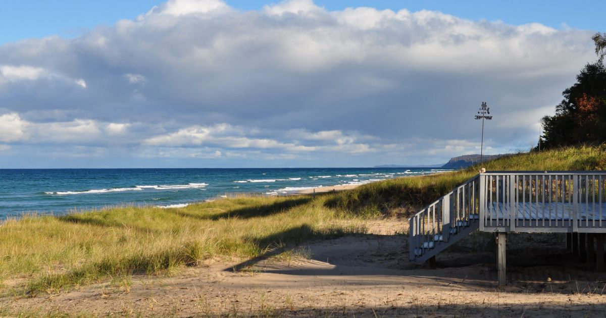 The shoreline and the deck of a home in Onekama, Michigan