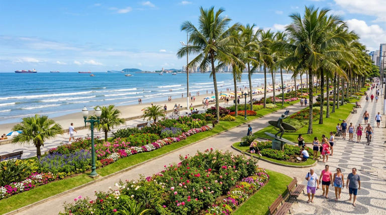A orla de Santos funciona como um parque linear à beira-mar