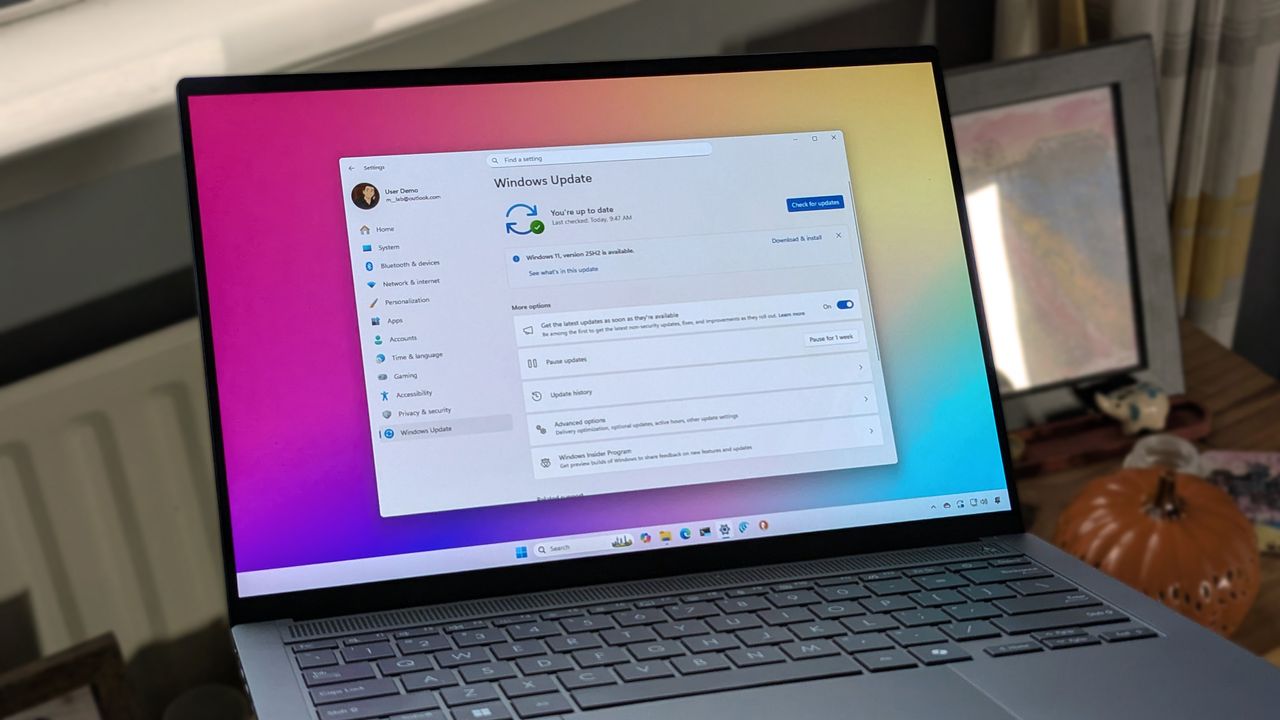ASUS Zenbook 14 OLED laptop displaying Windows 11 with Windows Update screen