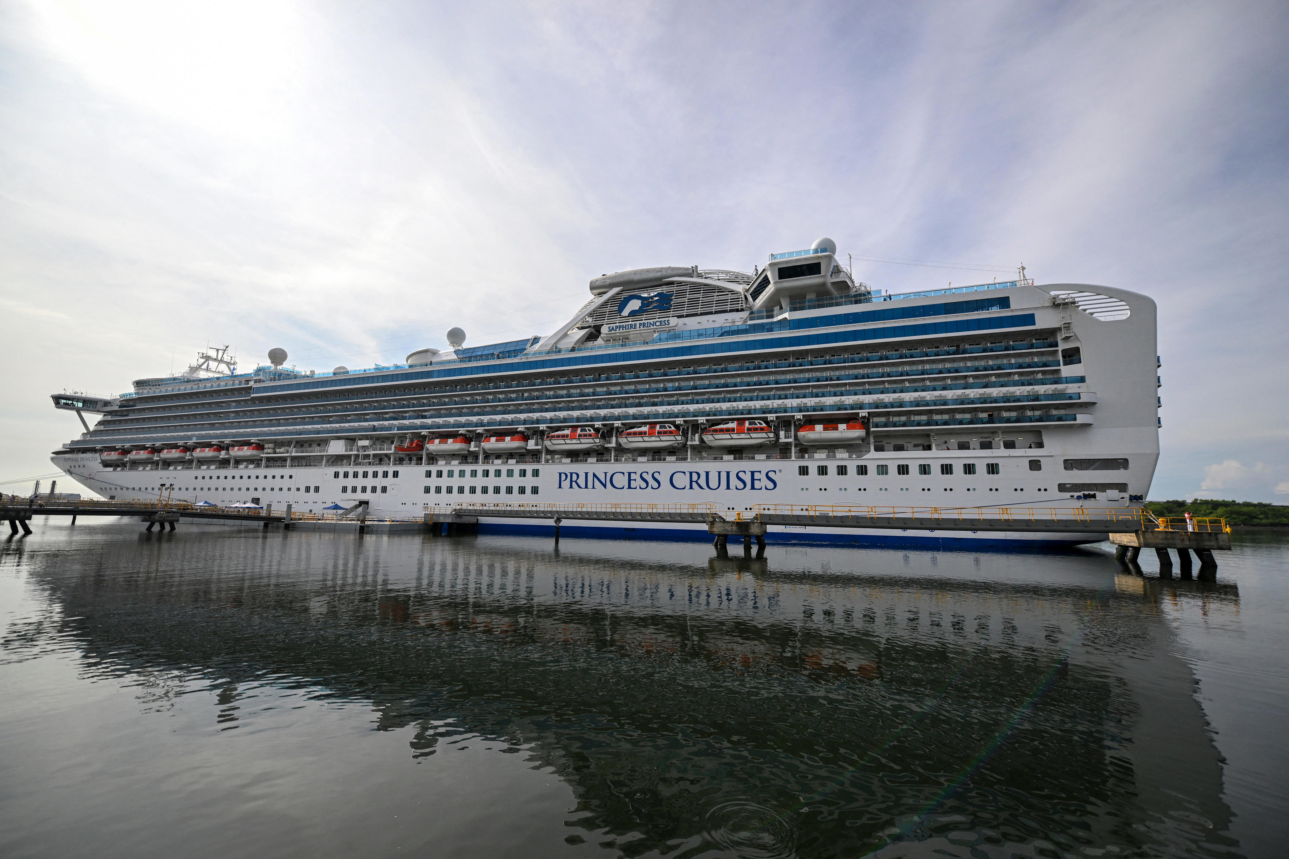 This image shows the Sapphire Princess cruise ship at the Marina Pez Vela Cruise Terminal in Puerto San Jose, Guatemala on October 5, 2024.
