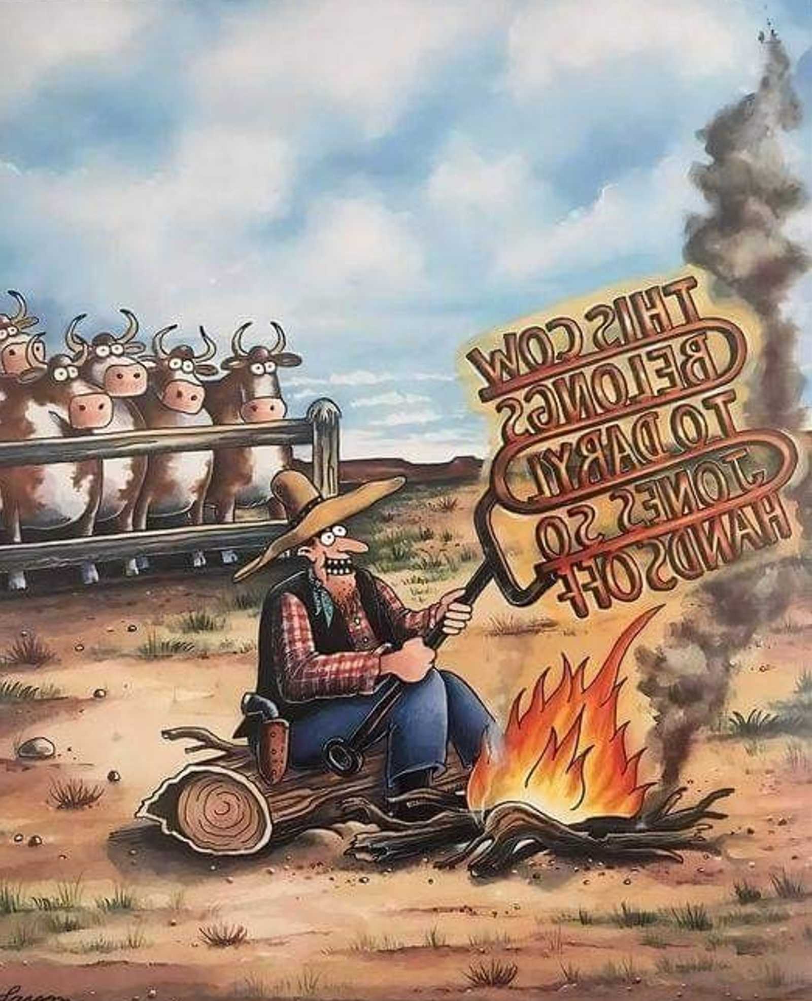 A rancher prepares an enormous cattle brand while cattle look on horrified in The Far Side.