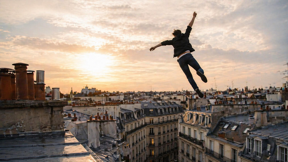 Urban rooftop scene shows high risk jump action
