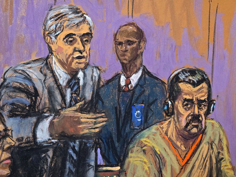 Ousted Venezuelan President Nicolas Maduro with his lawyer, Barry Pollack, attend a hearing in a narco-terrorism case accusing him of running a cartel of Venezuelan officials that flooded the U.S. with cocaine, at the Daniel Patrick Moynihan United States Court House in New York City, U.S., March 26, 2026 in this courtroom sketch.  REUTERS/Jane Rosenberg