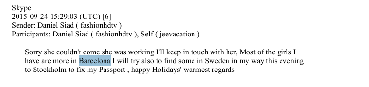 A message released in the Department of Justice’s Epstein files, where Daniel Siad appears to mention girls in Barcelona (DOJ)