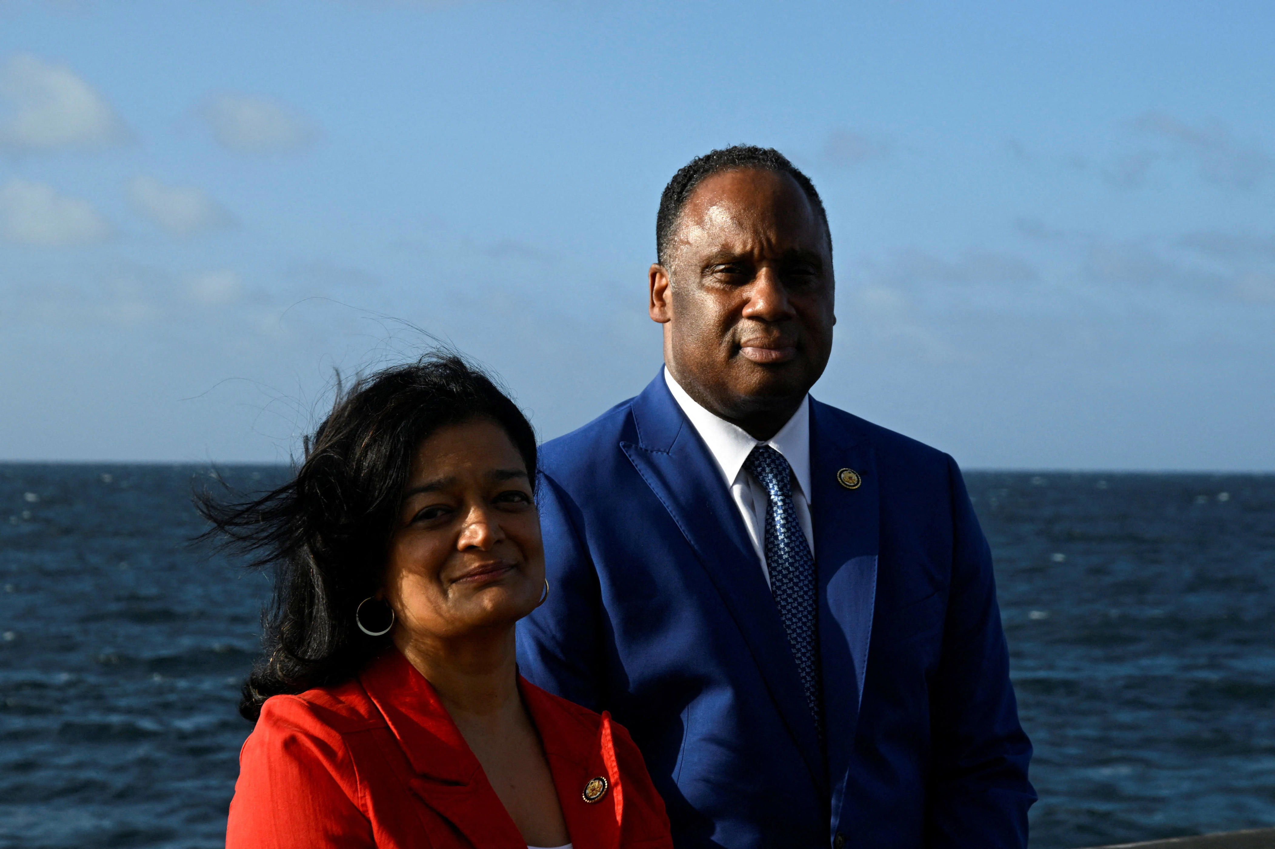 Jonathan Jackson (D-IL) and Pramila Jayapal (D–WA), opposition lawmakers from the U.S. House of Representatives, pose for a photograph on the seafront boulevard Malecon, in Havana, Cuba, April 4, 2026.