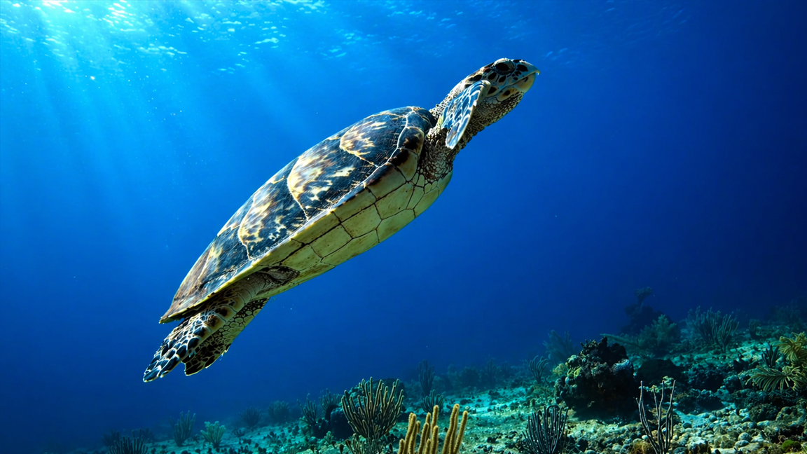Majestic sea turtle swimming in deep blue underwater world