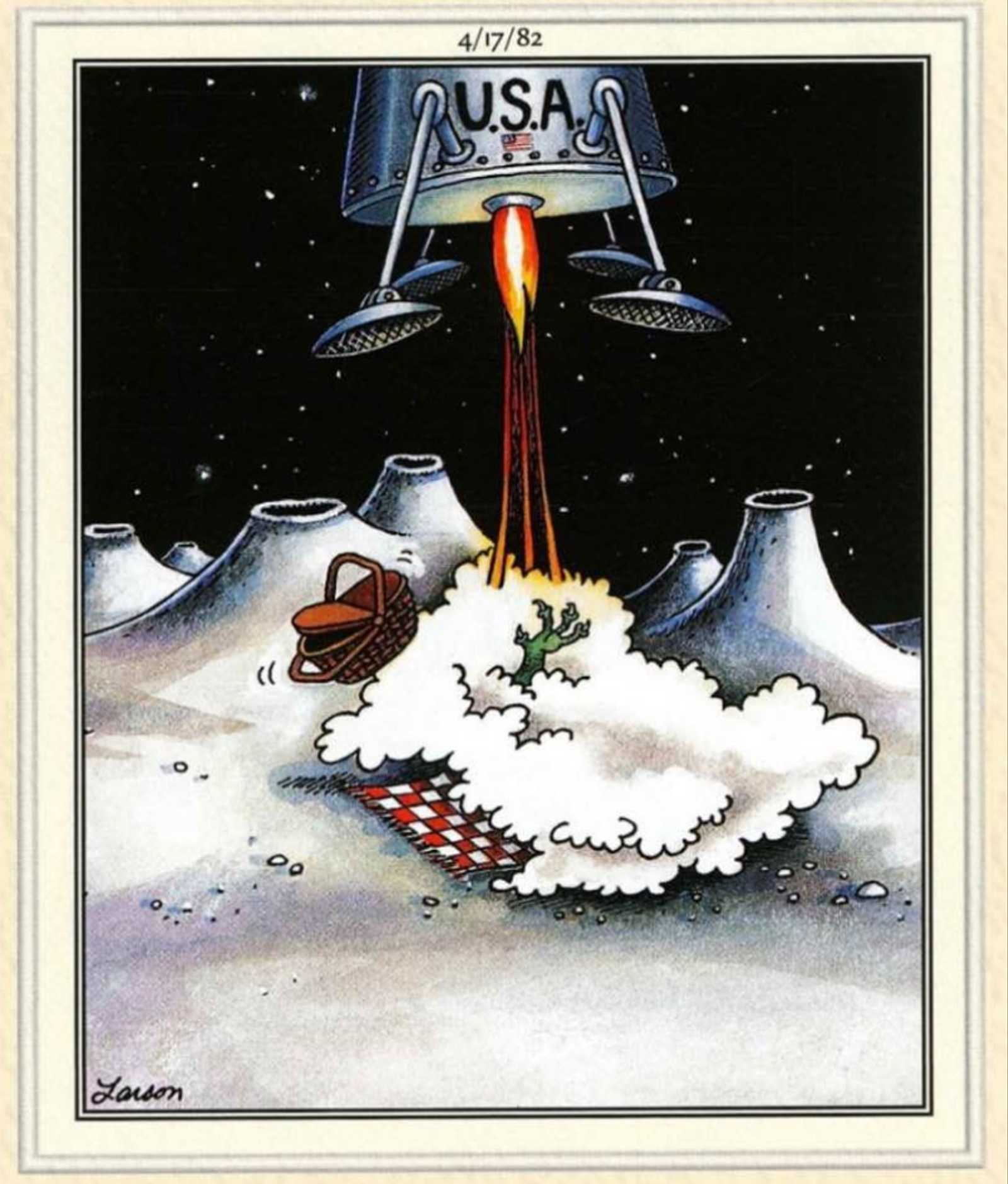 In The Far Side, the eagle moon lander lands on top of aliens having a picnic.
