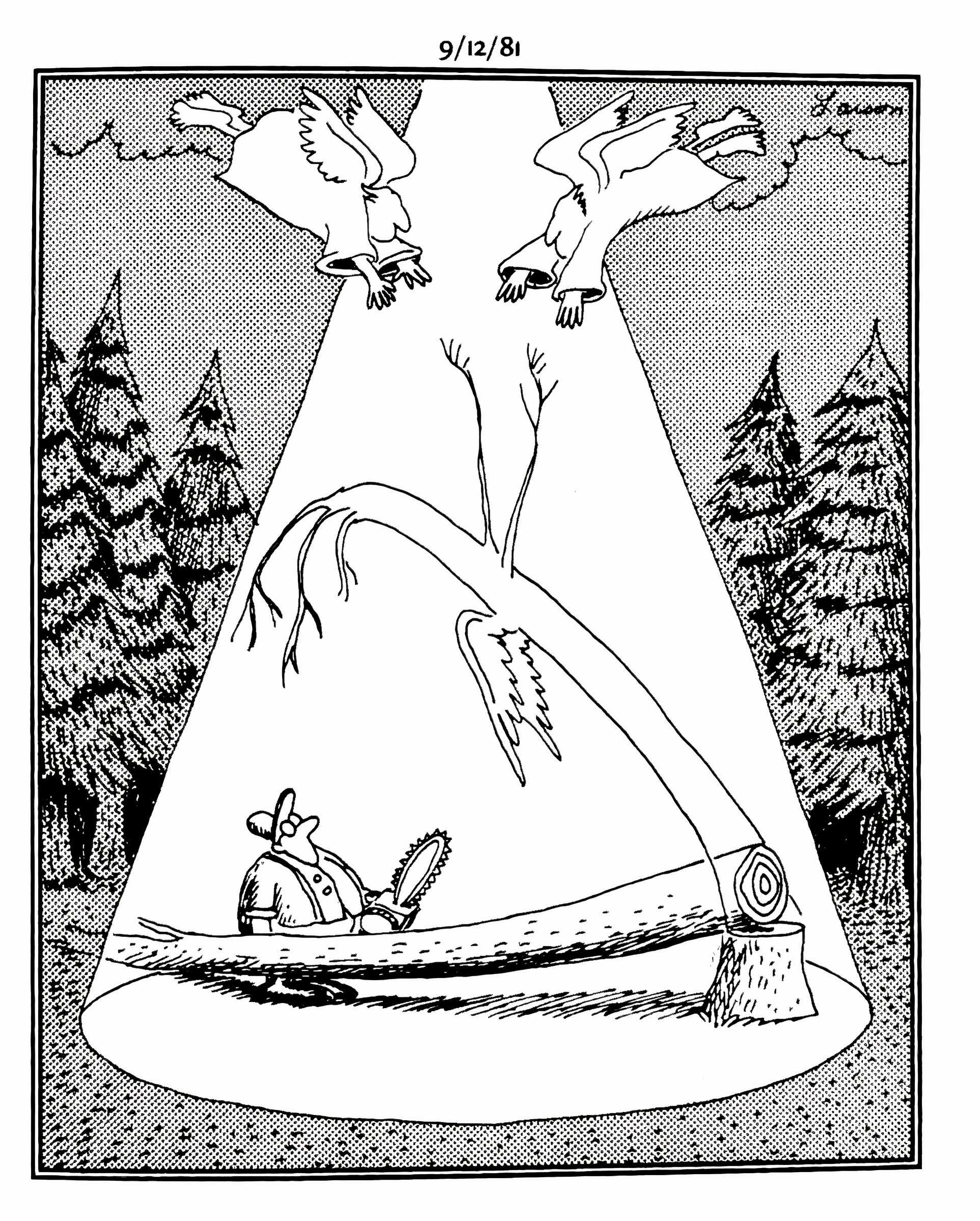 A cut tree's soul is beckoned up toward heaven while the lumberjack watches on.