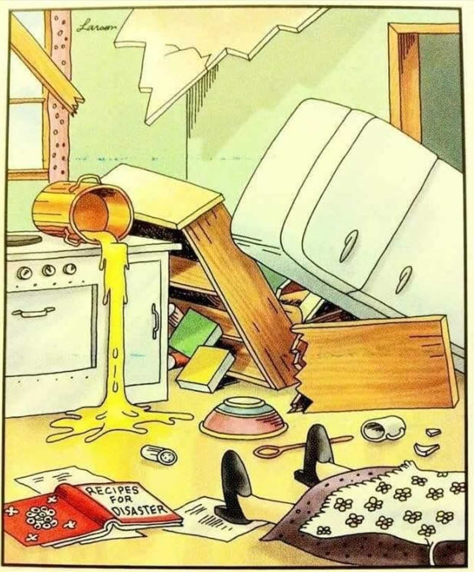 The Far Side depicts a series of disasters in a kitchen.