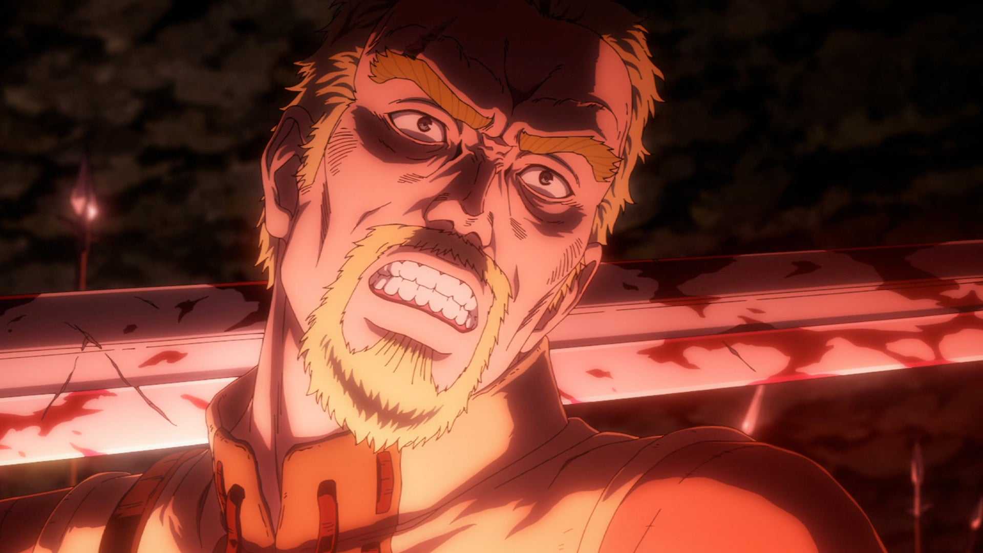 Askeladd wielding a large sword dripping in blood in Vinland Saga