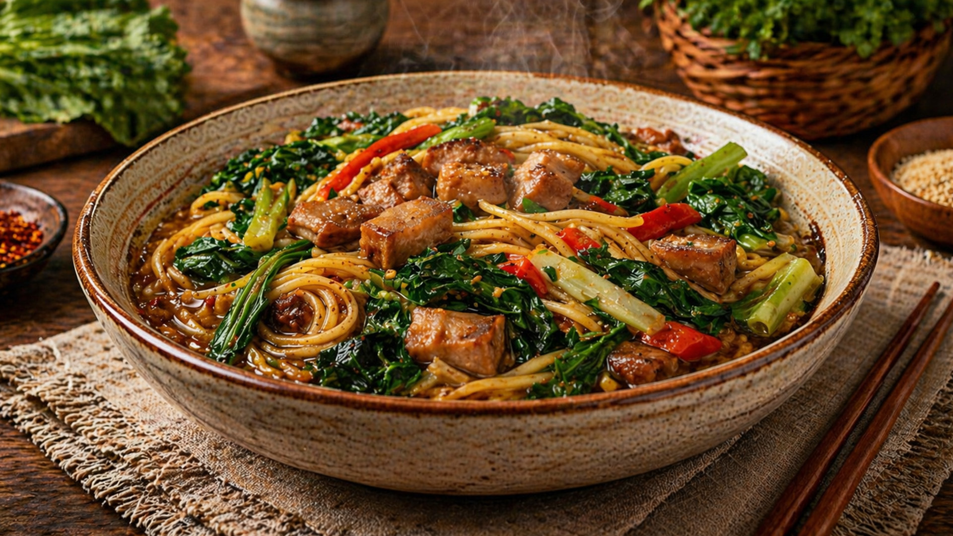 Pechay and egg noodles with soft and light texture