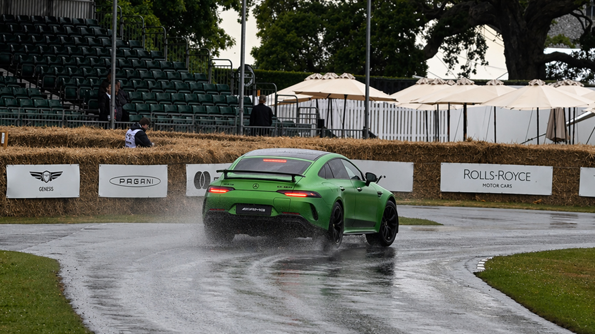 843HP Mercedes-AMG GT 63 S nearly slides off on slippery track