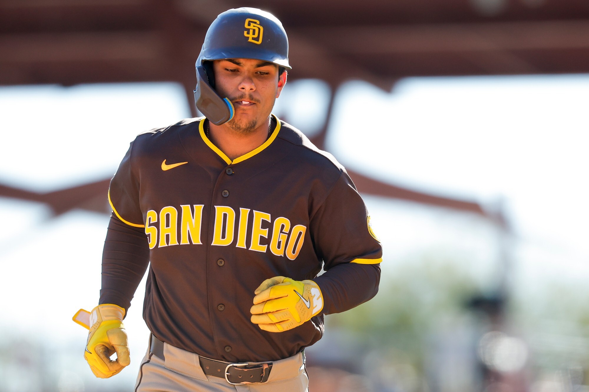 Ethan Salas #90 of the San Diego Padres walks back to the dugout during their spring training game against the White Sox at Camelback Ranch on Tuesday, March 3, 2026 in Phoenix, Ariz.