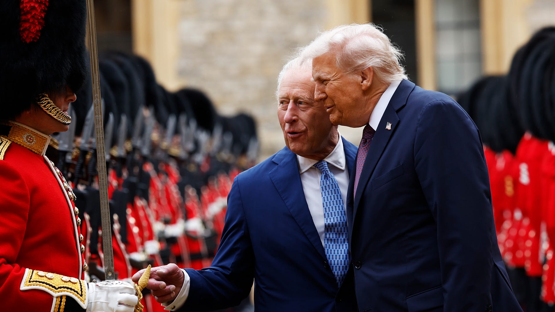 King Charles III and US President Donald Trump inspect the Guard of Honour during the State visit by the President of the United States of America at Windsor Castle on September 17, 2025 in Windsor, England.