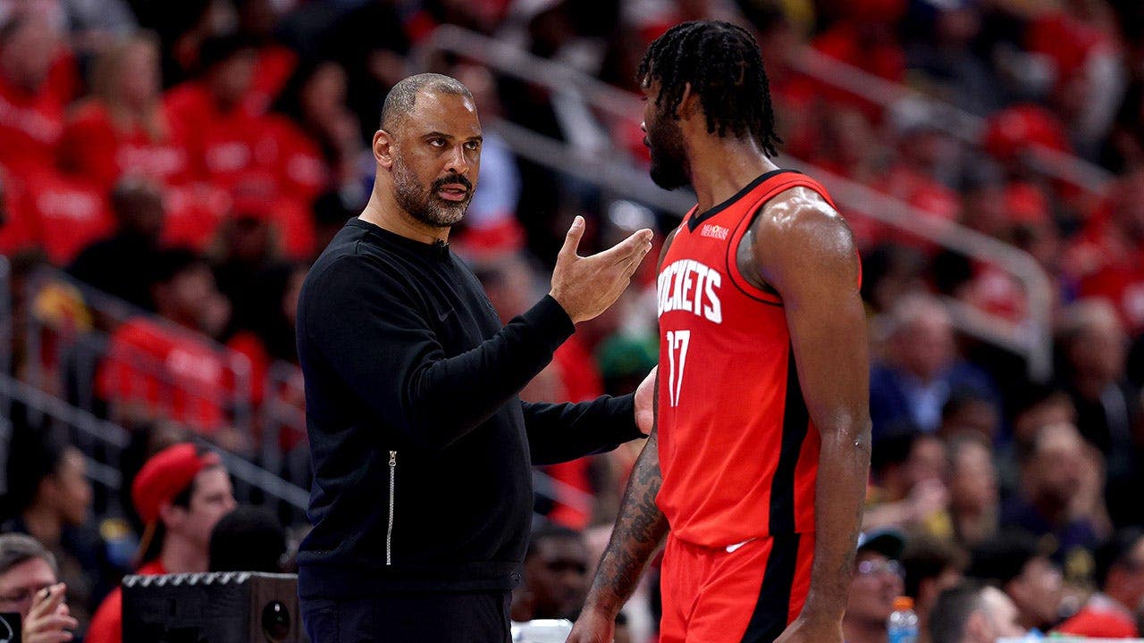 Head coach Ime Udoka of the Houston Rockets speaks with Tari Eason during the first quarter against the Los Angeles Lakers at Toyota Center in Houston on April 24, 2026.