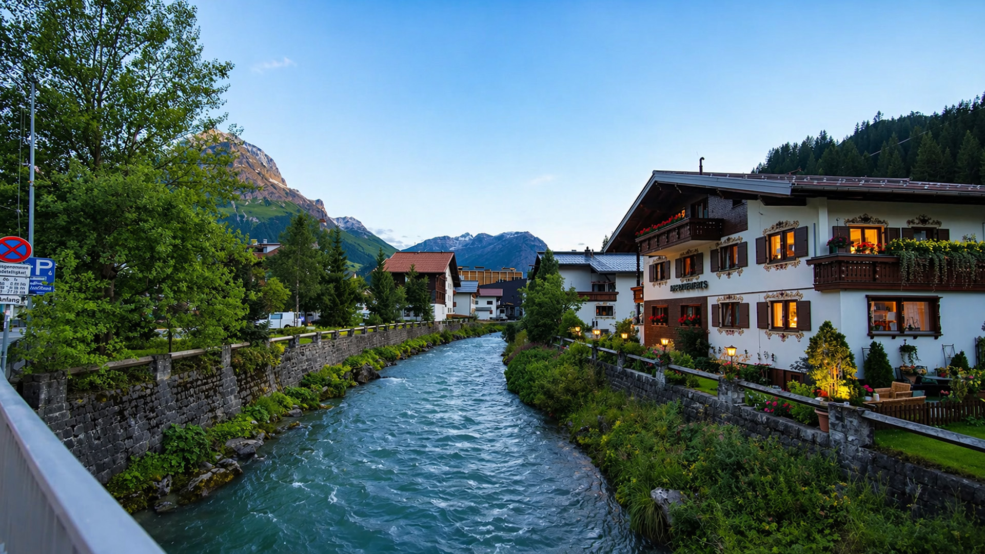 Promenade du soir à Lech en Autriche, station de luxe (4K)