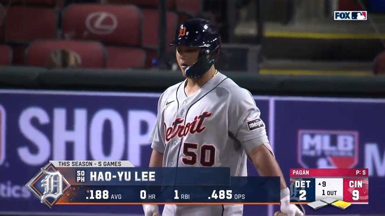 Lee Hao-Yu flies out in his only at-bat for Tigers in 9-2 loss to Reds