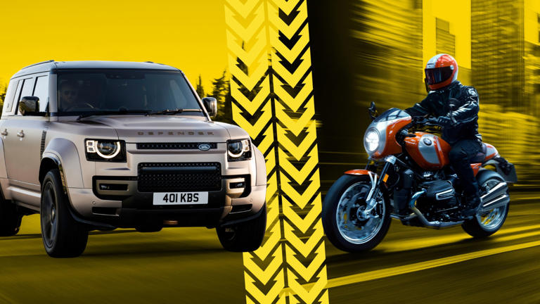 Land Rover Defender OCTA vs BMW R 12 S off road SUV vs retro motorcycle