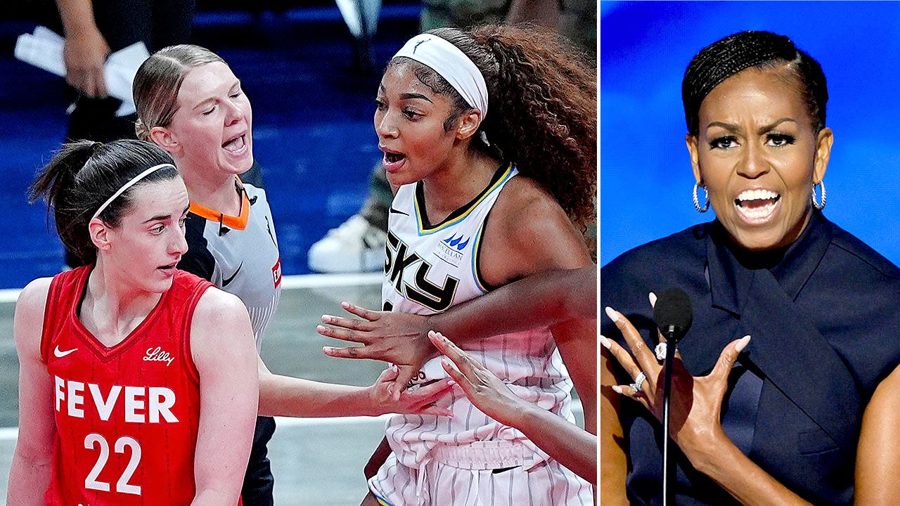Chicago Sky forward Angel Reese reacts after being fouled by Indiana Fever guard Caitlin Clark in May as Michelle Obama speaks during the Democratic National Convention at the United Center in Chicago, Ill., on Aug. 20, 2024.