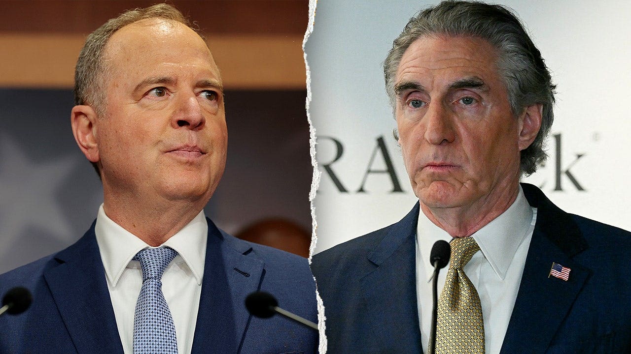 Sen. Adam Schiff faces Interior Secretary Doug Burgum in this composite image.