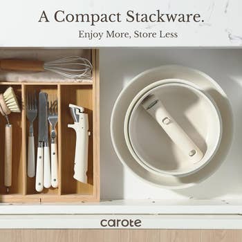 Cookware set with nested pots and organized utensils in a drawer. Text reads: