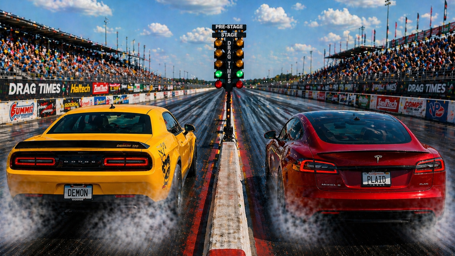 840HP Dodge Demon vs 1020HP Tesla Plaid drag race