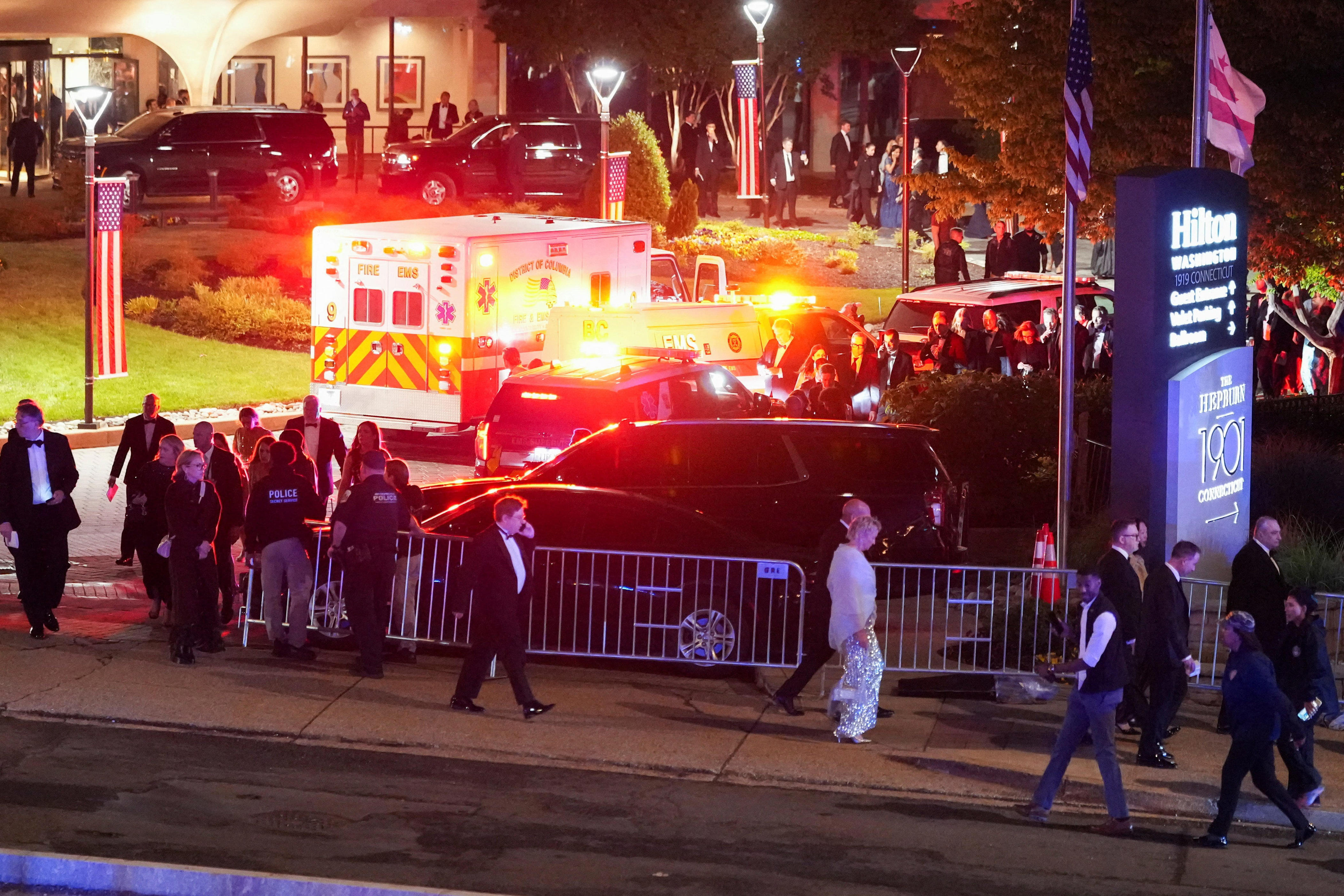 Attendees depart from the venue following a shooting incident during the annual White House Correspondents' Association dinner in Washington, D.C., U.S., April 25, 2026.