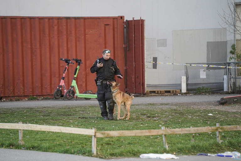 En hundepatrulje i området i Oslo hvor det har vært skyting søndag kveld. Foto: Thomas Fure / NTB