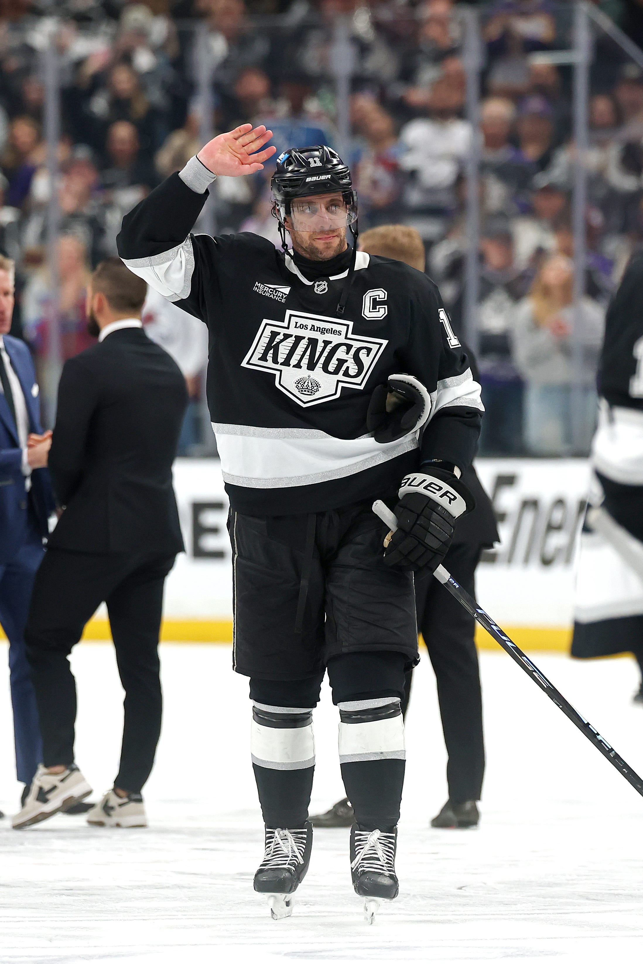 Los Angeles Kings captain Anze Kopitar waves to the fans after the 5-1 loss to the Colorado Avalanche in Game 4.