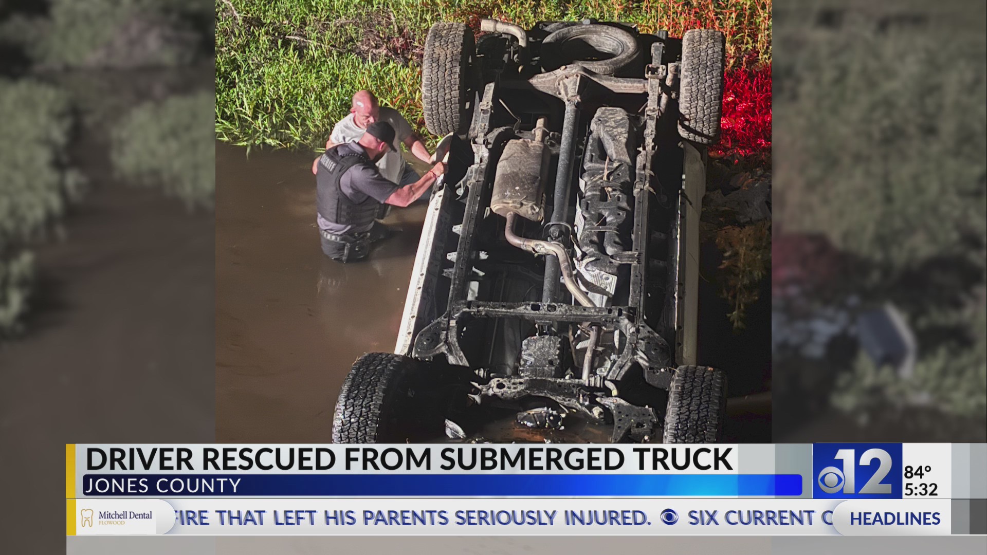 Driver rescued from submerged truck in Jones County drainage canal