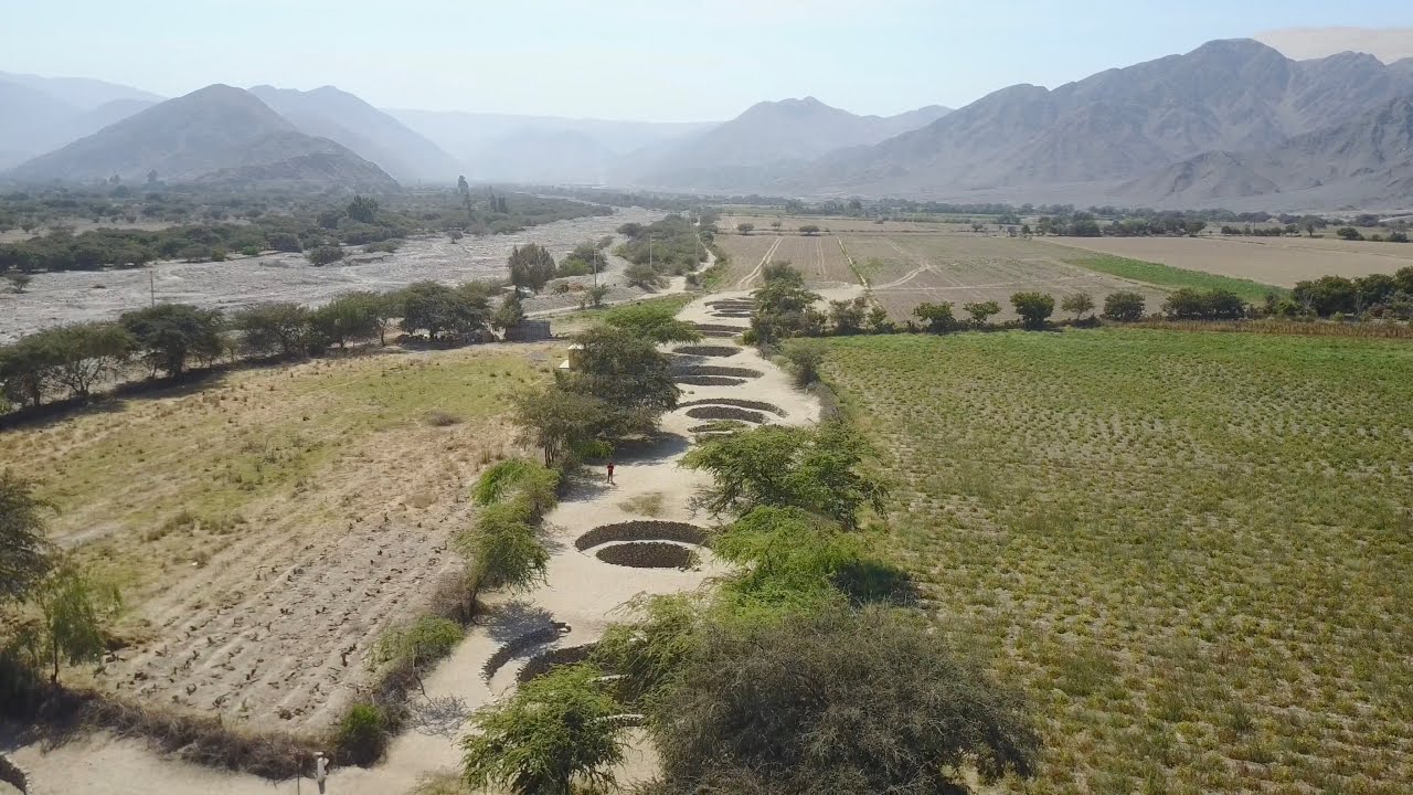 Quadcopter view of an ancient circular well system in Nazca Peru