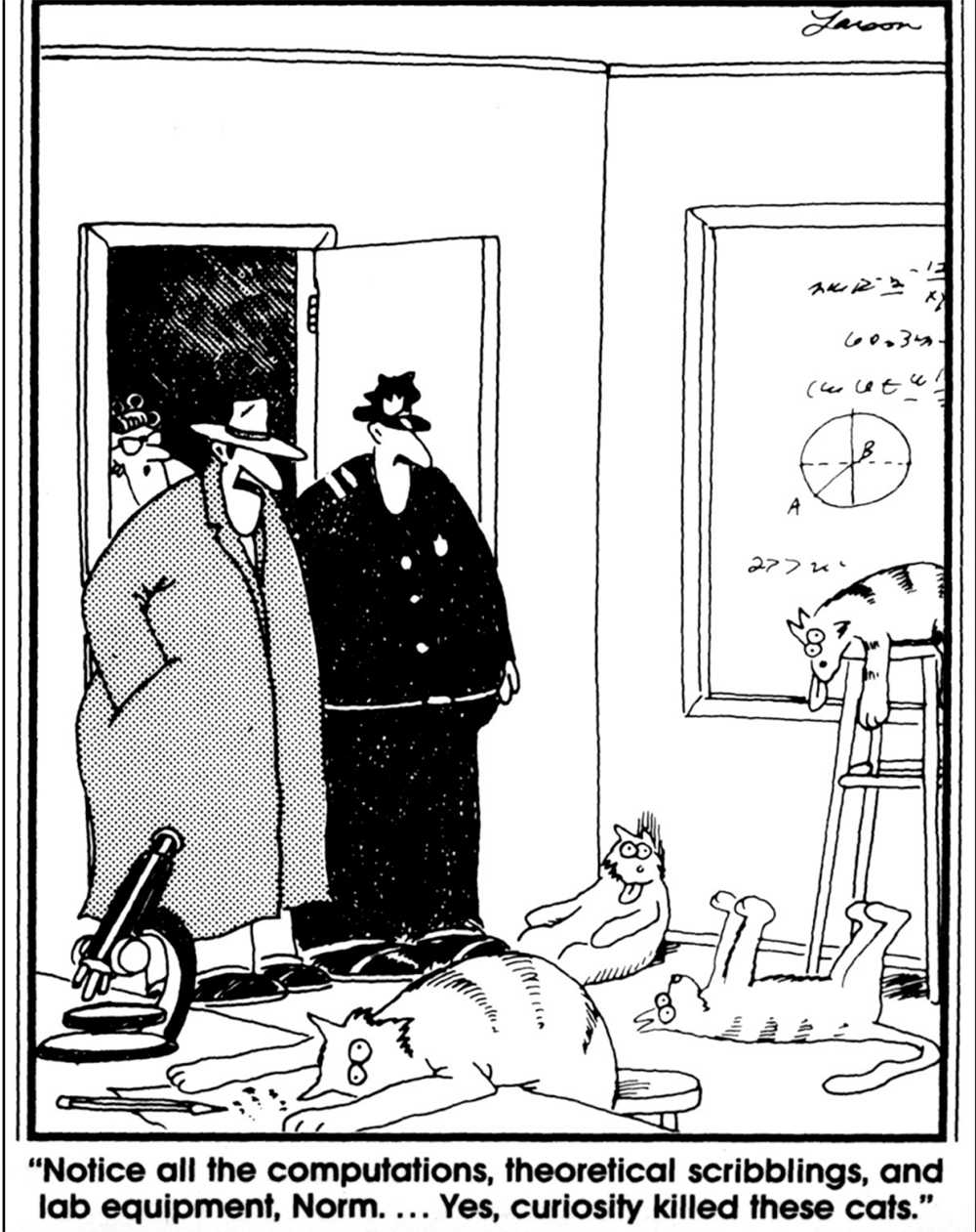 Police enter a room full of dead cats and scientific equipment in The Far Side.