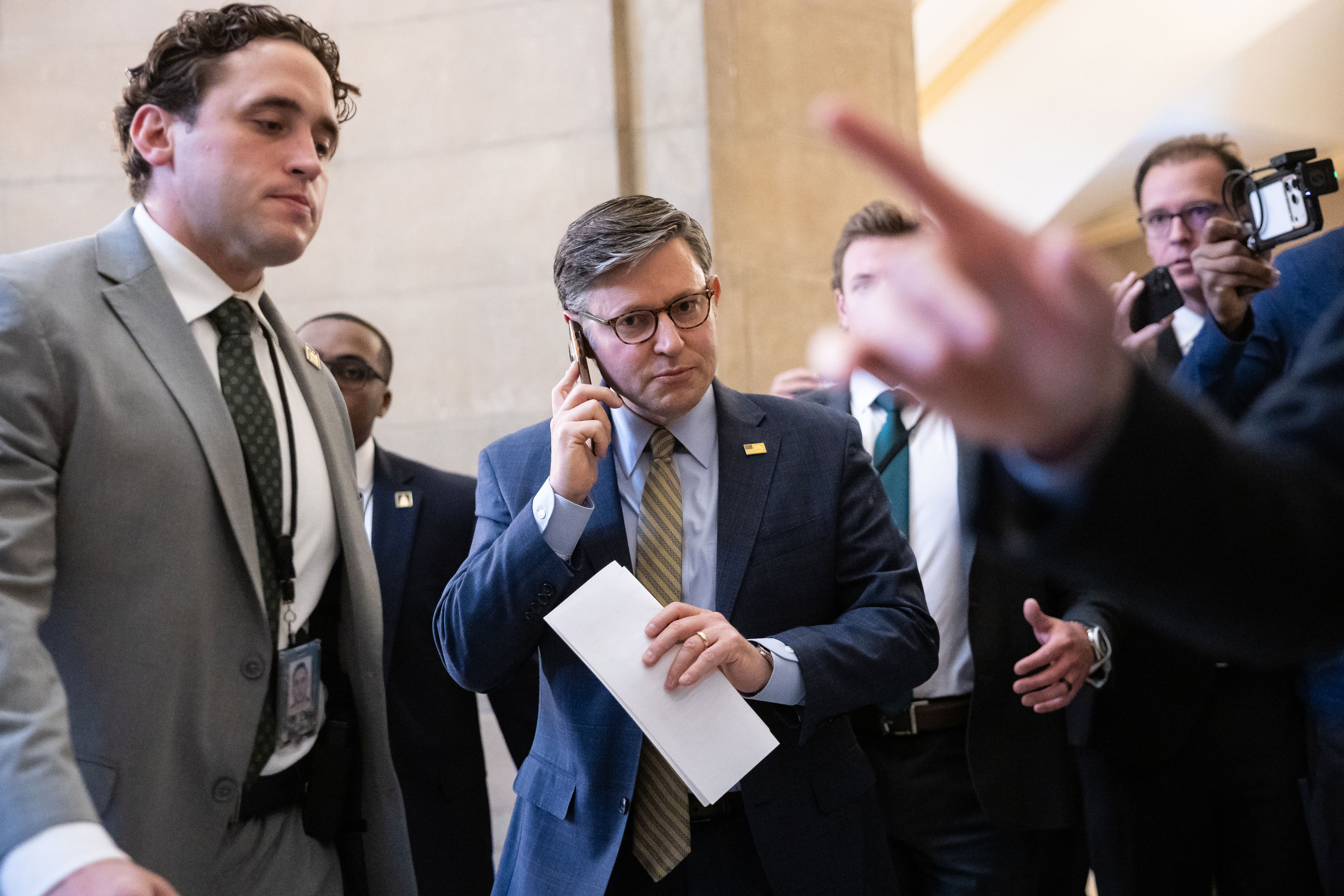 House Speaker Mike Johnson walks into his office at the U.S. Capitol on April 20, 2026.