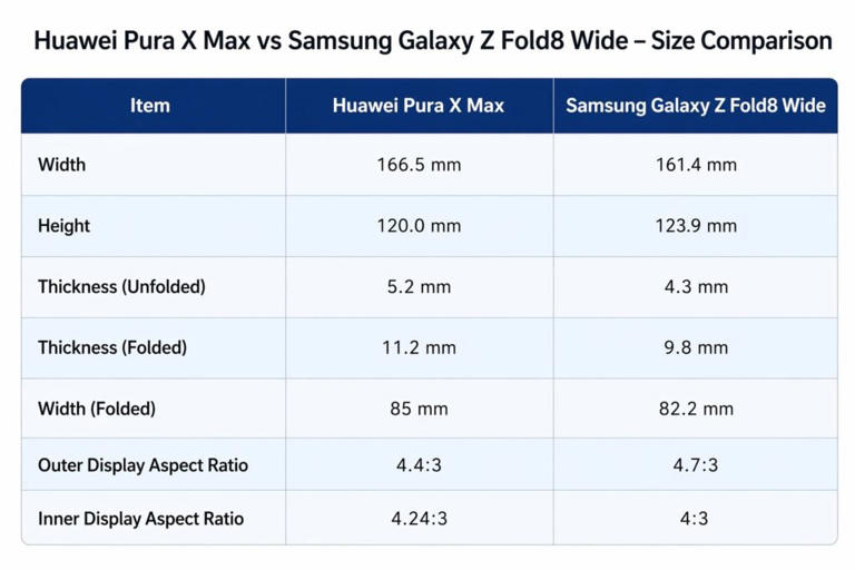 Galaxy Z Fold 8 wide vs Huawei Pura X Max: dimensions compared