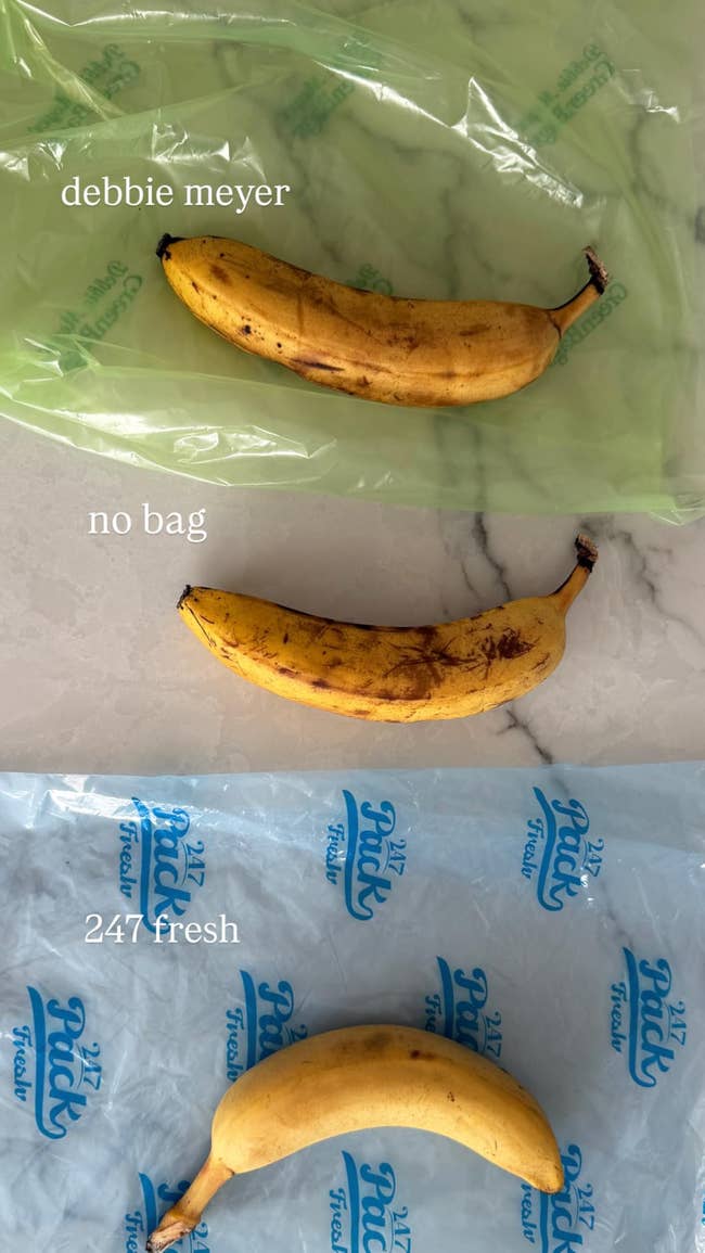Three bananas: one in a Debbie Meyer bag, one without a bag, and one in a 247 Fresh bag, illustrating differences in ripeness