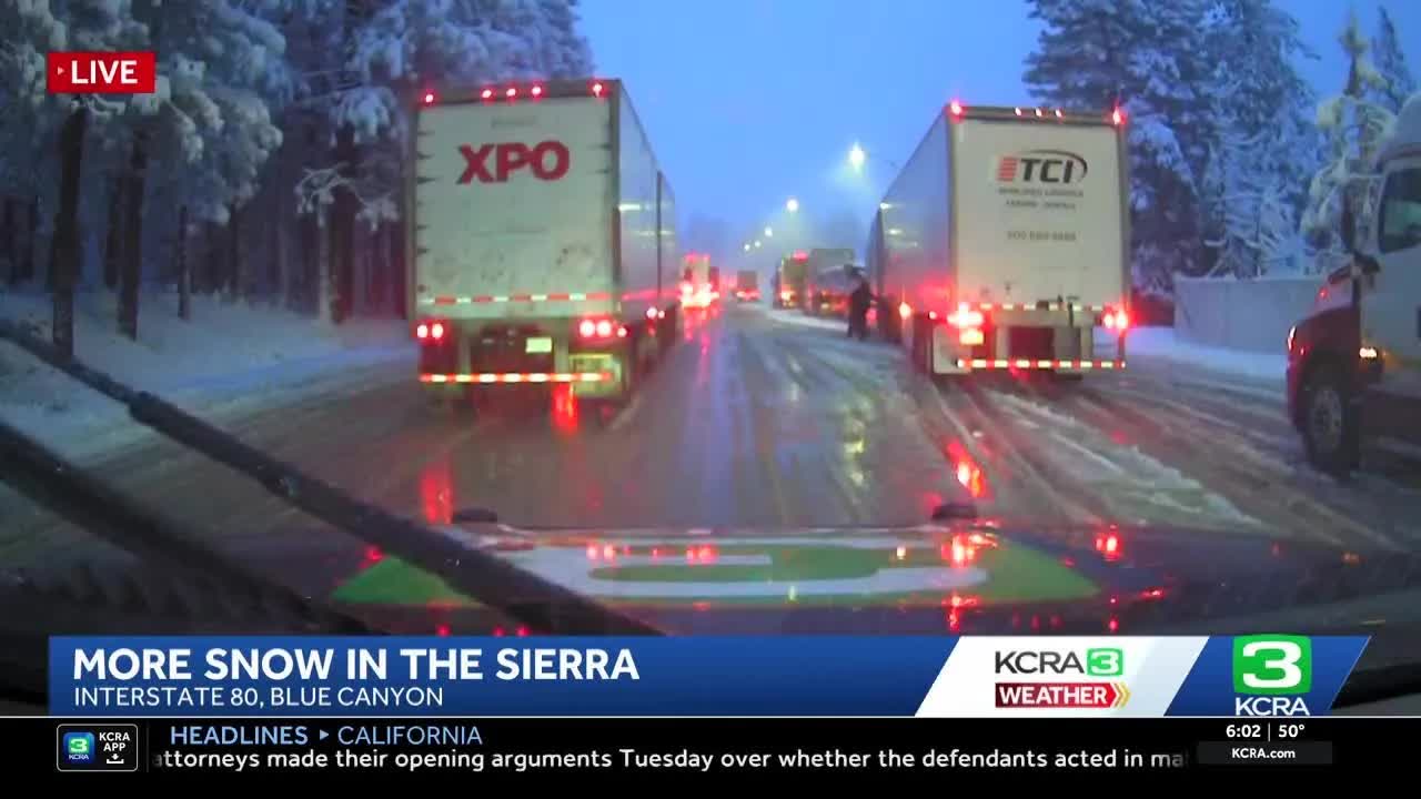 Jackknifed big rig stalls Interstate 80 traffic in Sierra amid NorCal storm