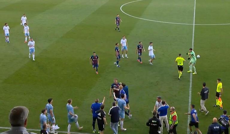 The incident unsurprisingly sparked a mass brawl between both sets of players. Pic: LaLigaTV