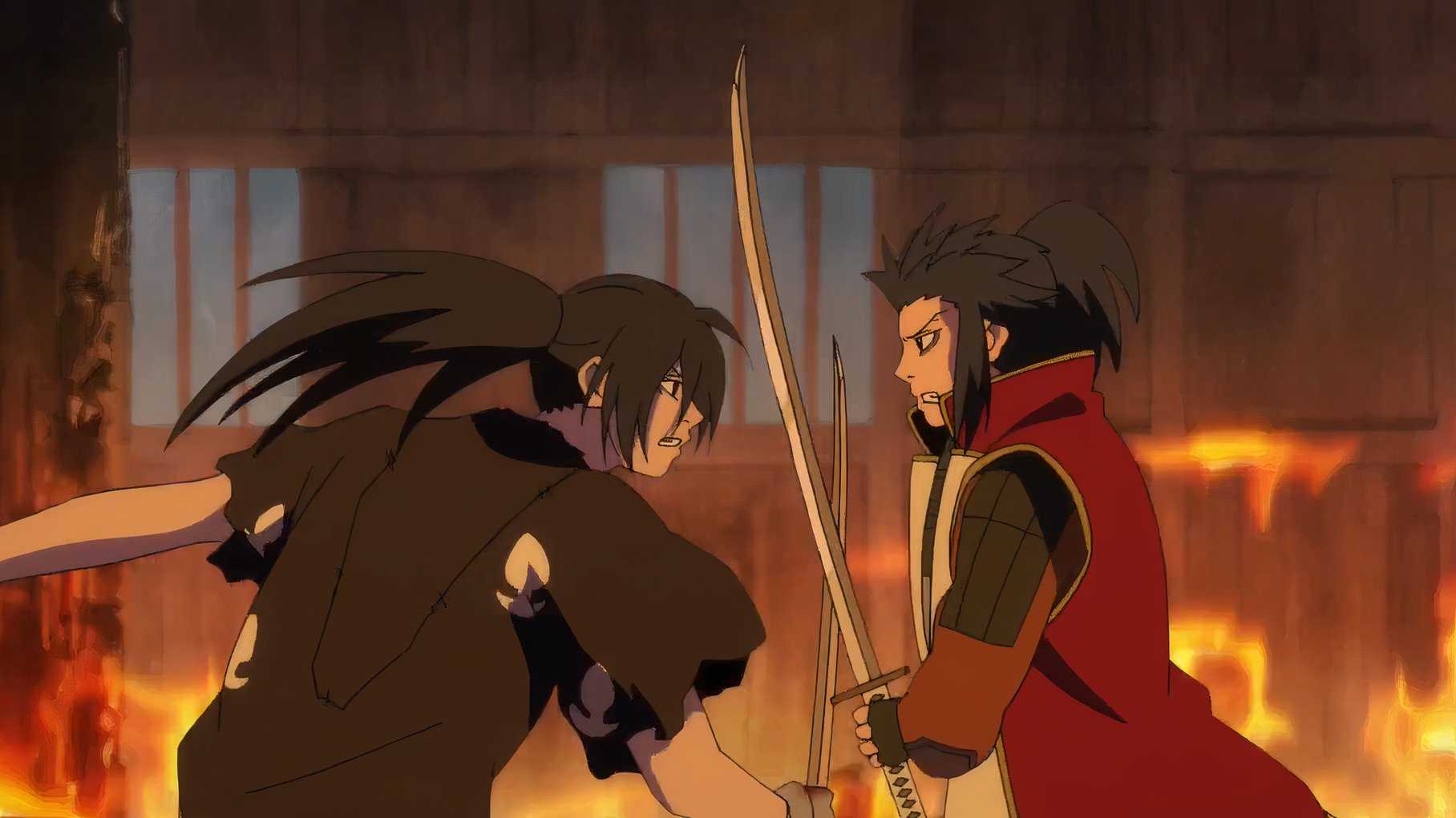 Hyakkimaru fights Tahomaru in a burning building in the final episode of Dororo